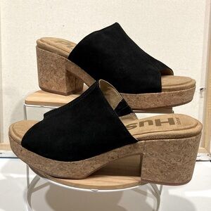 HUSH PUPPIES Poppy Black Suede Leather Cork Heel Mule Sandals Women’s Size 11